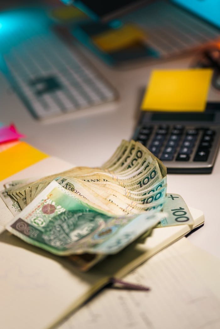 Close-up of Polish Zloty banknotes on a desk with a calculator and sticky notes, emphasizing finance and budget planning.